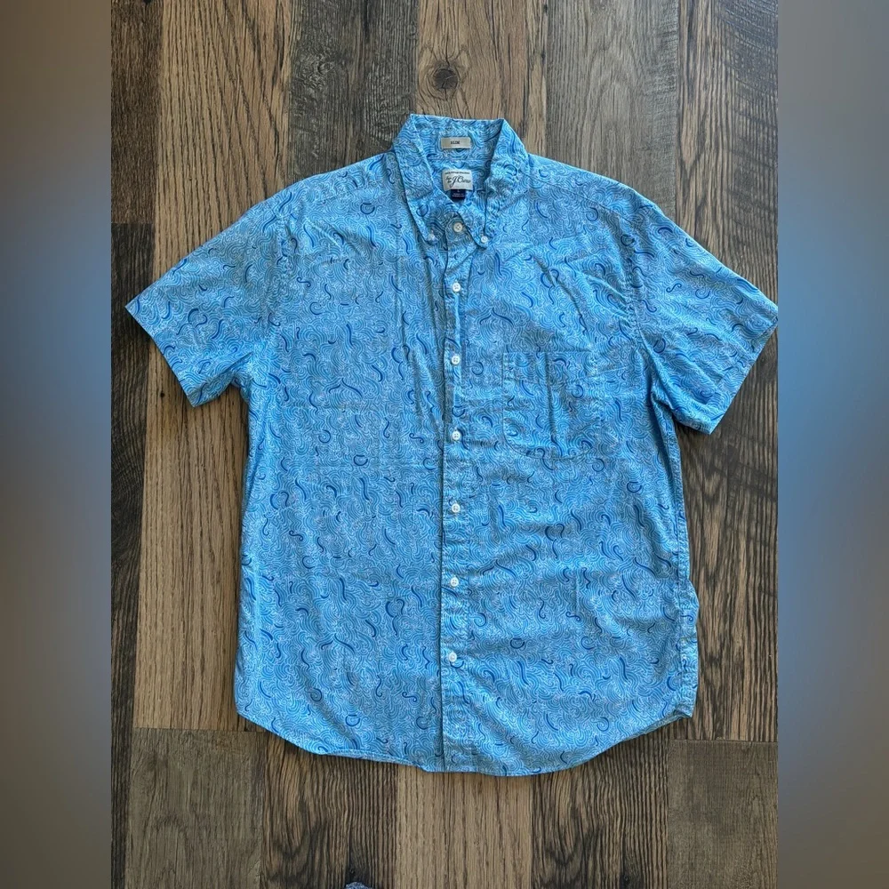 J. Crew Slim Large Blue White Pattern Short Sleeve Cotton Pocket Button Shirt - Picture 10 of 10